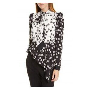 SELF-PORTRAIT Daisy Print Asymmetrical Blouse Top Black White